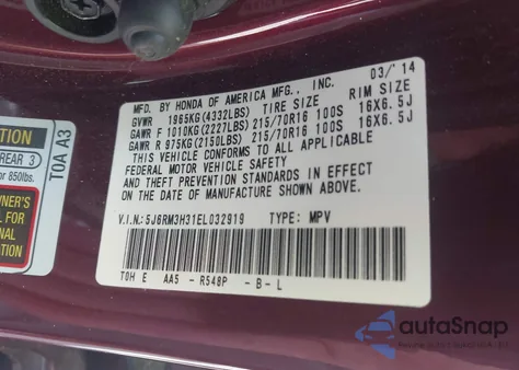 2014 Honda Cr-V Lx from USA, damaged, VIN 5J6RM3H31EL032919